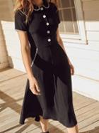 Choies Black Cotton Lapel Button Placket Front Women Midi Dress