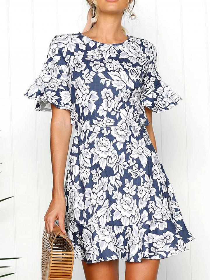 Choies Blue Floral Print Ruffle Trim Open Back Mini Dress