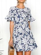 Choies Blue Floral Print Ruffle Trim Open Back Mini Dress