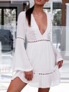 Choies White Plunge V-neck Flare Sleeve Mini Dress