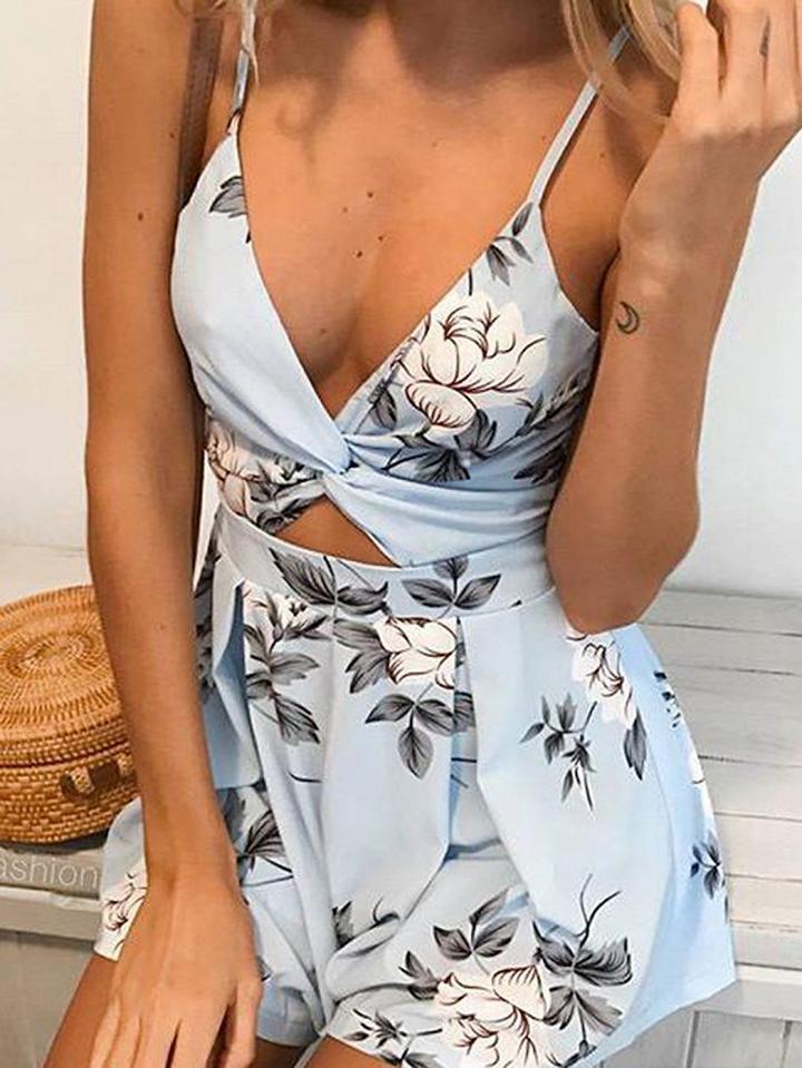 Choies Light Blue V-neck Floral Print Open Back Cami Mini Dress