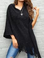 Choies Black Tassel Trim Long Sleeve Chic Women Knit Sweater