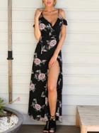 Choies Black Floral Plunge Neck Ruffle Detail Tie Back Split Maxi Dress
