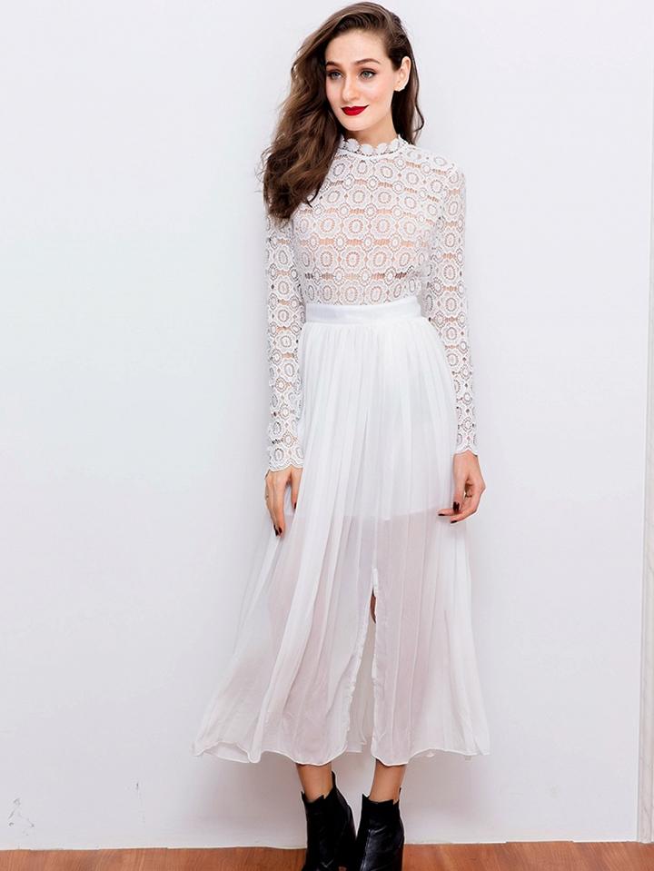 Choies White Lace Top Long Sleeve Side Split Dress