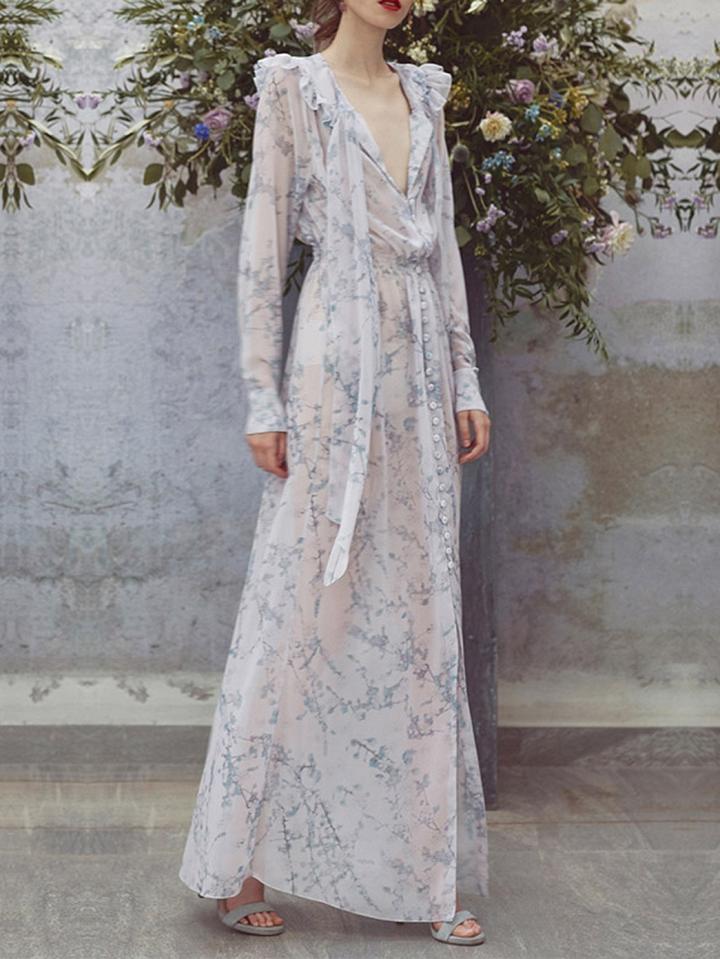 Choies White Chiffon Plunge Floral Print Long Sleeve Chic Women Maxi Dress