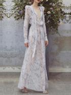 Choies White Chiffon Plunge Floral Print Long Sleeve Chic Women Maxi Dress