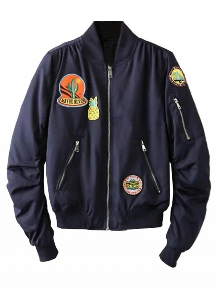 Choies Navy Pineapple Patches Cropped Bomber Jacket