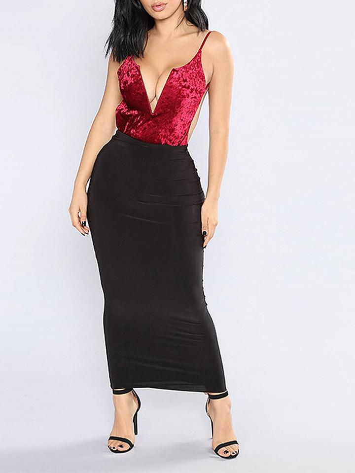 Choies Burgundy Contrast Spaghetti Strap V-neck Open Back Bodycon Dress