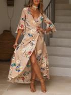 Choies Khaki V-neck Floral Print Tie Waist Flare Sleeve Maxi Dress