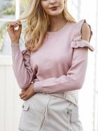 Choies Pink Cold Shoulder Ruffle Long Sleeve Knit Pullover