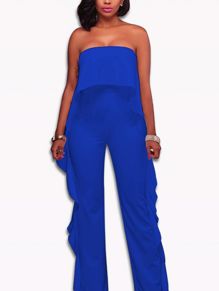 Choies Blue Bandeau Ruffle Trim Jumpsuit
