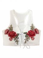 Choies White Embroidery Lace Up Crop Tank Top