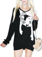Choies Black Cat Print Mohair Panel Long Sleeve Knit Sweater