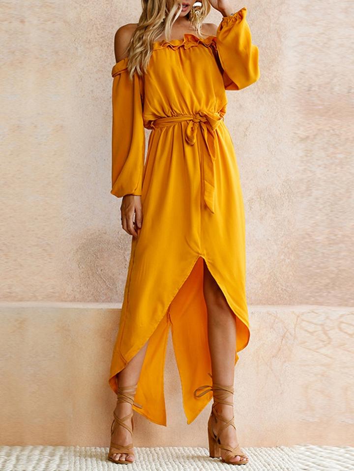 Choies Yellow Off Shoulder Ruffle Trim Tie Waist Hi-lo Dress