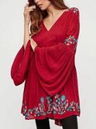 Choies Red V-neck Embroidery Floral Flared Sleeve Mini Dress