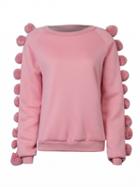 Choies Pink Pom Pom Embellished Sleeve Basic Sweatshirt