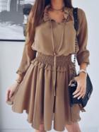 Choies Brown V-neck Frill Trim Long Sleeve Chic Women Mini Dress
