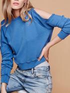 Choies Blue Cold Shoulder Rib Trim Sweatshirt