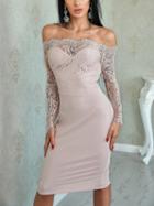 Choies Pink Off Shoulder Lace Panel Long Sleeve Bodycon Mini Dress