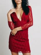 Choies Red Plunge Embroidery V-back 3/4 Sleeve Bodycon Mini Dress