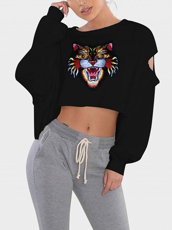 Choies Black Cartoon Print Cut Out Detail Cropped Sweatshirt