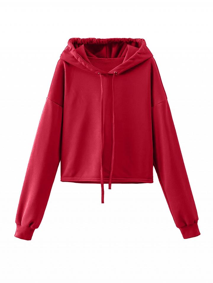 Choies Red Long Sleeve Drawstring Hooded Cropped Sweatshirt