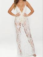Choies White Lace Plunge Spaghetti Strap Cut Out Chic Women Maxi Dress