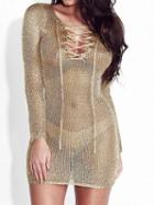 Choies Gold Metallic Lace-up Front Long Sleeve Bodycon Dress