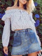 Choies White Off Shoulder Ruffle Trim Polka Dot Long Sleeve Blouse