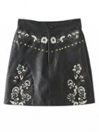 Choies Black High Waist Embroidery Floral Leather Look Mini Skirt