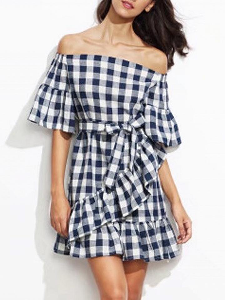 Choies Monochrome Plaid Off Shoulder Tie Waist Ruffle Trim Mini Dress