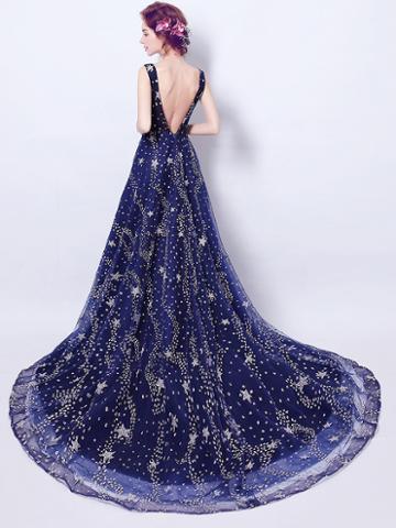 Choies Navy Blue Sequin Star V Back Sleeveless Chapel Train Prom Dress