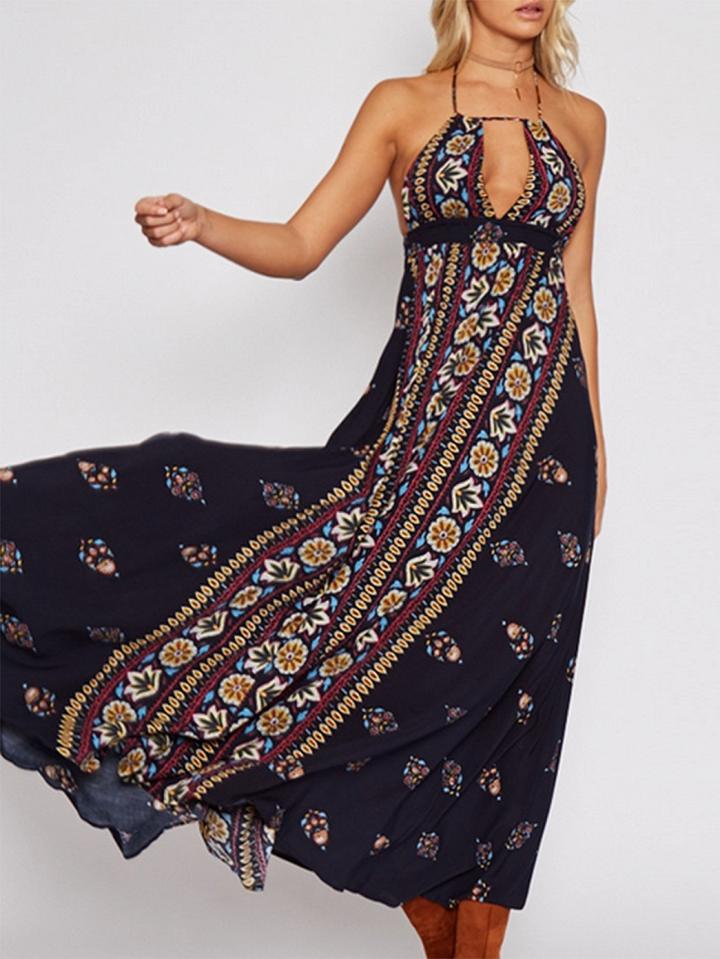 Choies Navy Blue Halter Plunge Print Detail Open Back Maxi Dress
