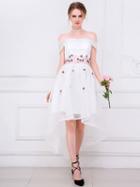 Choies White Off Shoulder Embroidery Floral Dipped Hem Mesh Prom Dress
