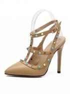 Choies Beige Stud And Beaded Strapy Pointed Heeled Shoes