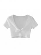 Choies White Plunge V-neck Knot Front Short Sleeve Cropped Ribbed T-shirt