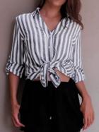 Choies Gray Stripe V Neck Long Sleeve Shirt