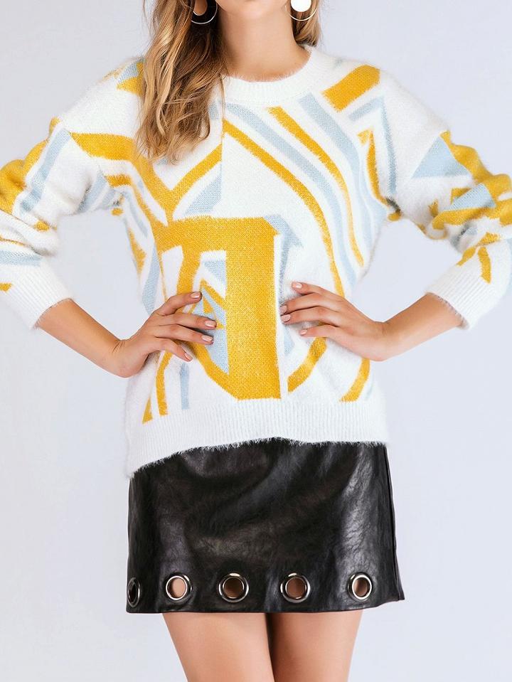 Choies Yellow Geo Pattern Long Sleeve Women Sweater