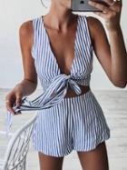 Choies Blue Stripe Plunge Bow Tie Front Crop Top And Bottom