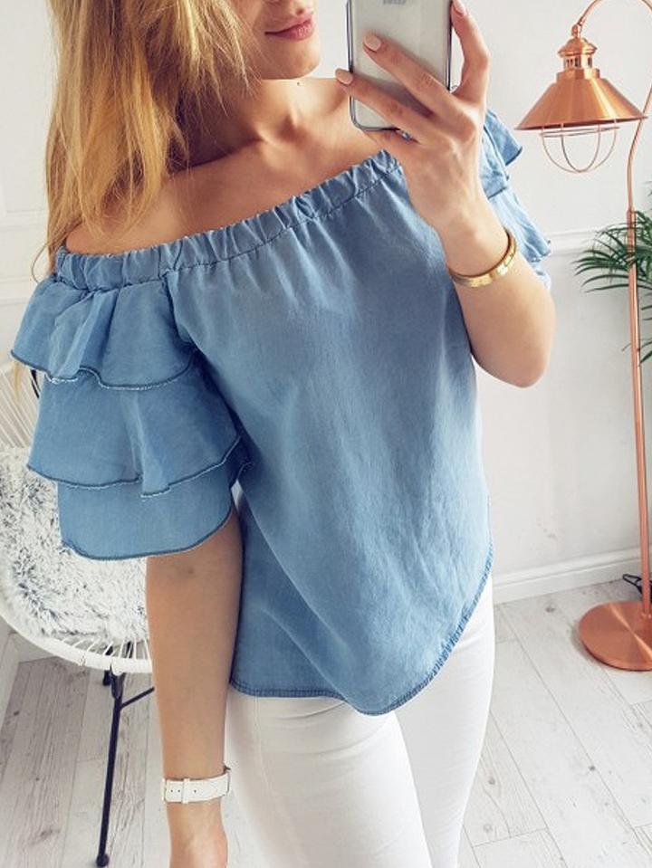 Choies Sky Blue Off Shoulder Layered Ruffle Sleeve Top