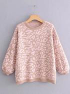 Choies Pink Crew Neck Leopard Print Puff Sleeve Women Sweater