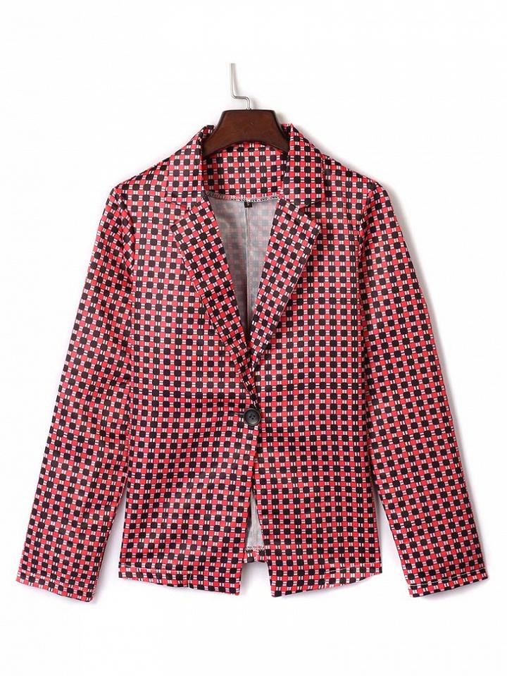 Choies Red Lapel Gingham Print Long Sleeve Slim Blazer