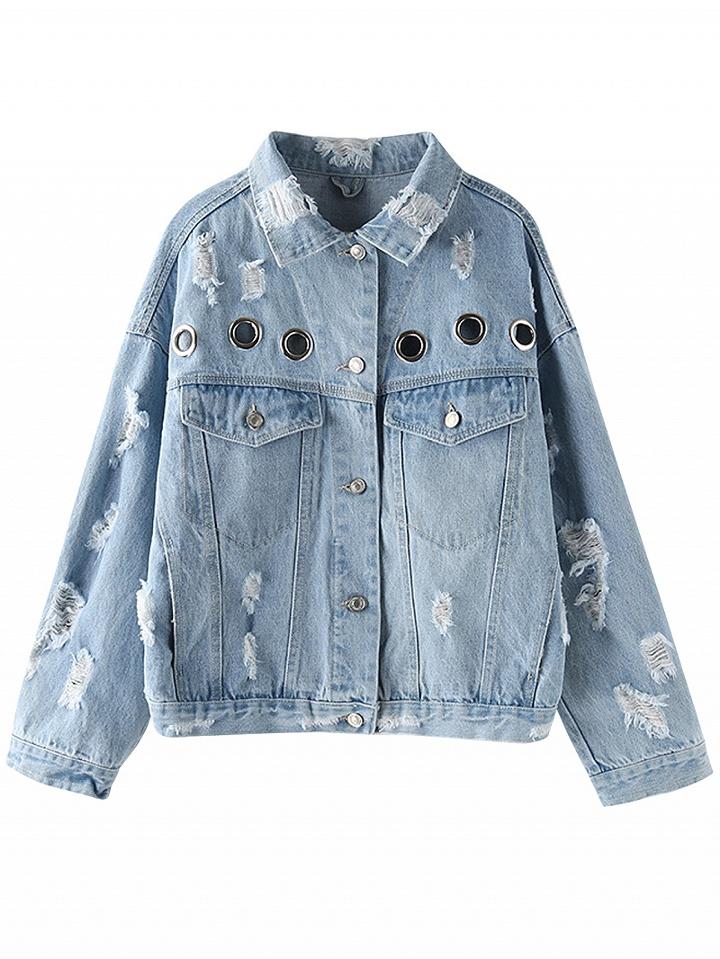 Choies Blue Eyelet Detail Ripped Denim Jacket