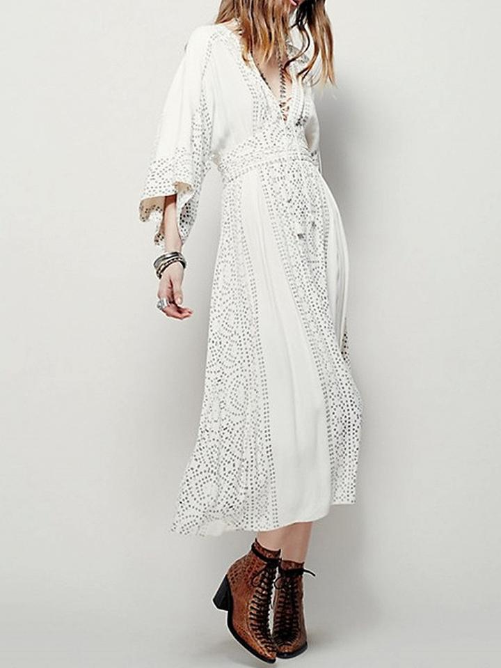 Choies White V-neck Lace Up Front Boho Maxi Dress