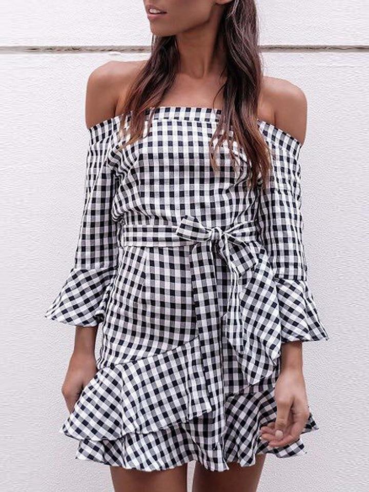 Choies Monochrome Gingham Off Shoulder Asymmetric Ruffle Bell Sleeve Dress