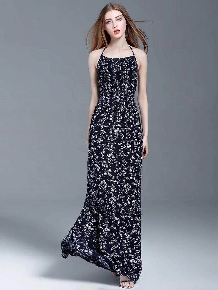 Choies Mavy Floral Halter Lattice Lace Up Back Maxi Dress