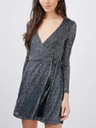 Choies Gray Plunge Wrap Front Tie Waist Long Sleeve Mini Dress