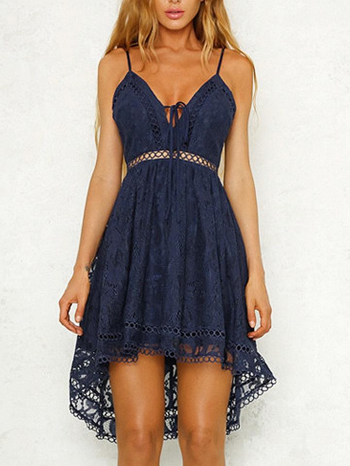 Choies Navy Blue Spaghetti Strap V-neck Open Back Lace Hi-lo Mini Dress