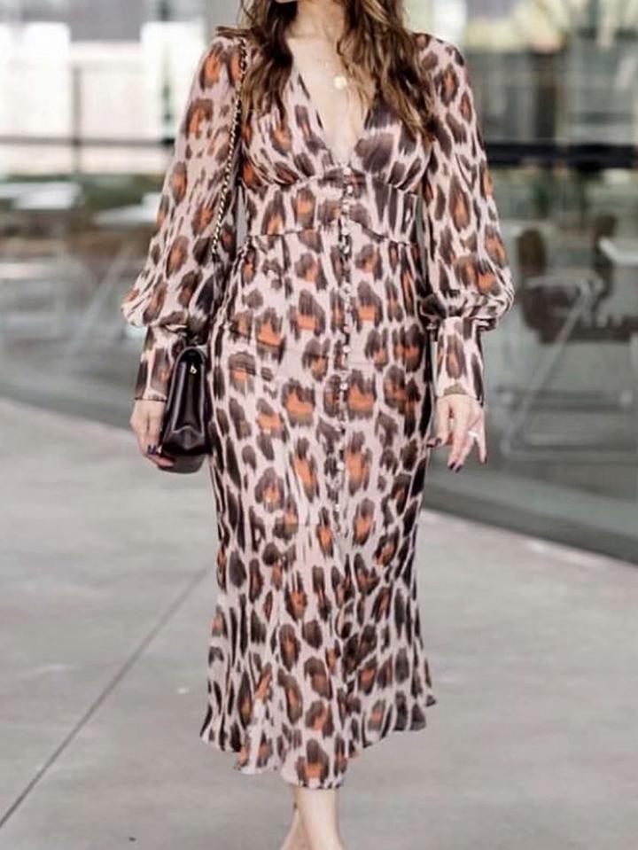 Choies Brown Chiffon V-neck Leopard Print Long Sleeve Chic Women Midi Dress