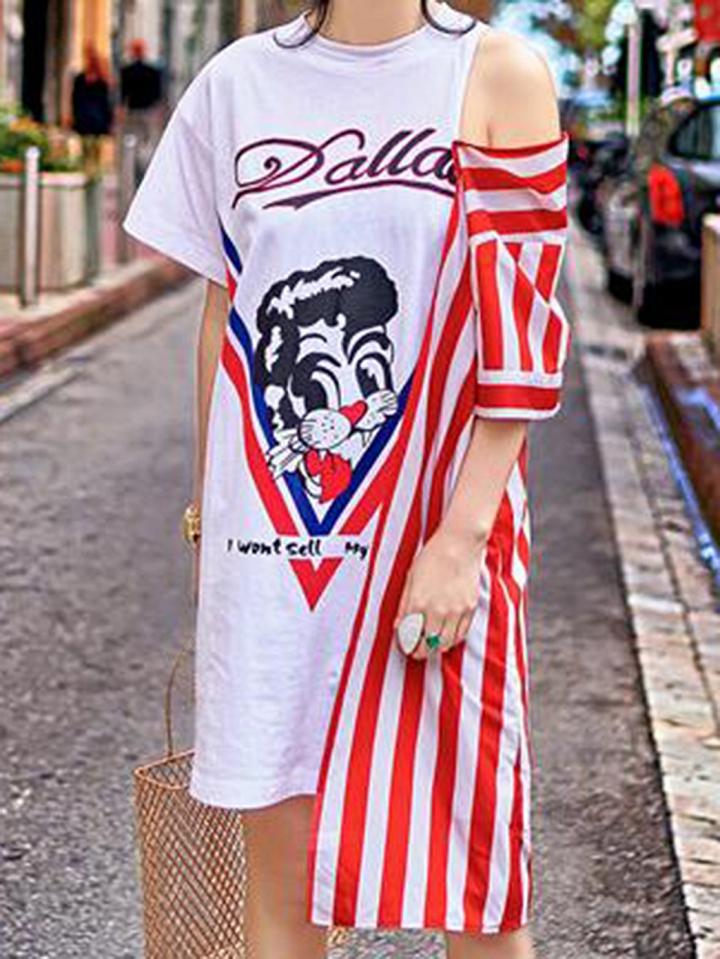 Choies Multicolor Cotton Cartoon Print Stripe Panel Chic Women Mini Dress
